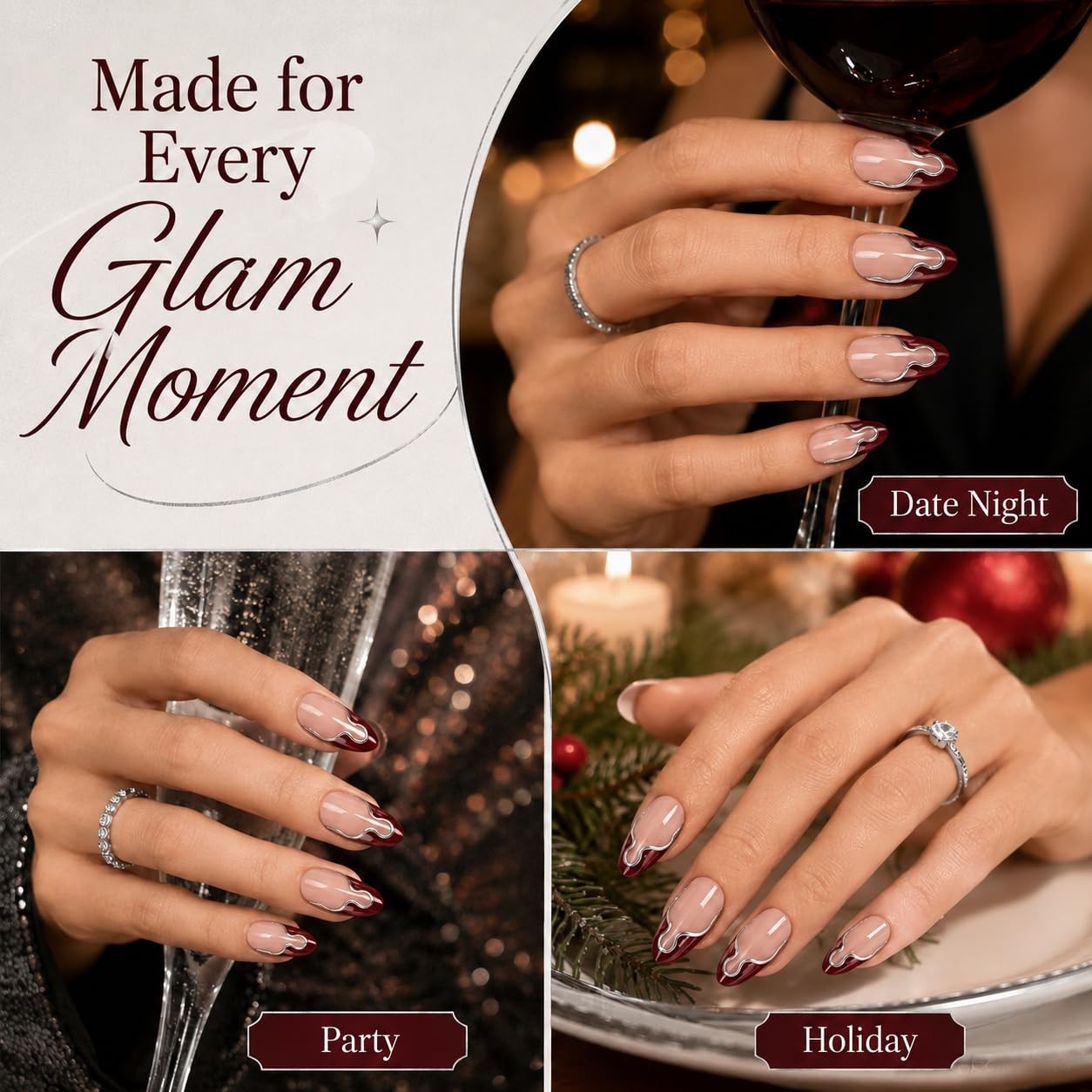 Press on Nails Medium Almond 3D Wine Red French Tip Fake Nails