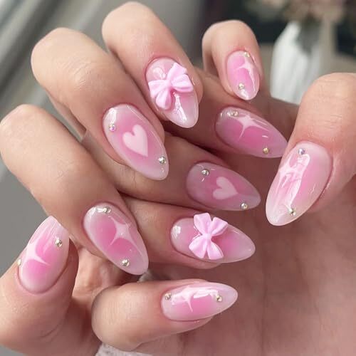 Almond Press on Nails Ombre Pink Short Medium Glue on 3D Bow Heart Rhinestone