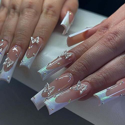 French Tip Press on Nails Square Long White Fake Nails with Rhinestone