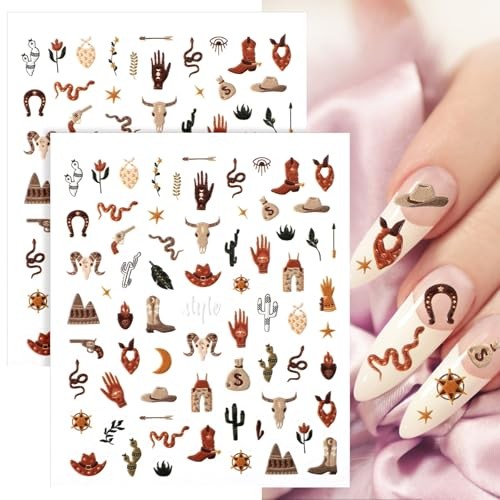 2 Sheets Retro Cowboy Nail Art Stickers, Western Style Self-Adhesive 5D