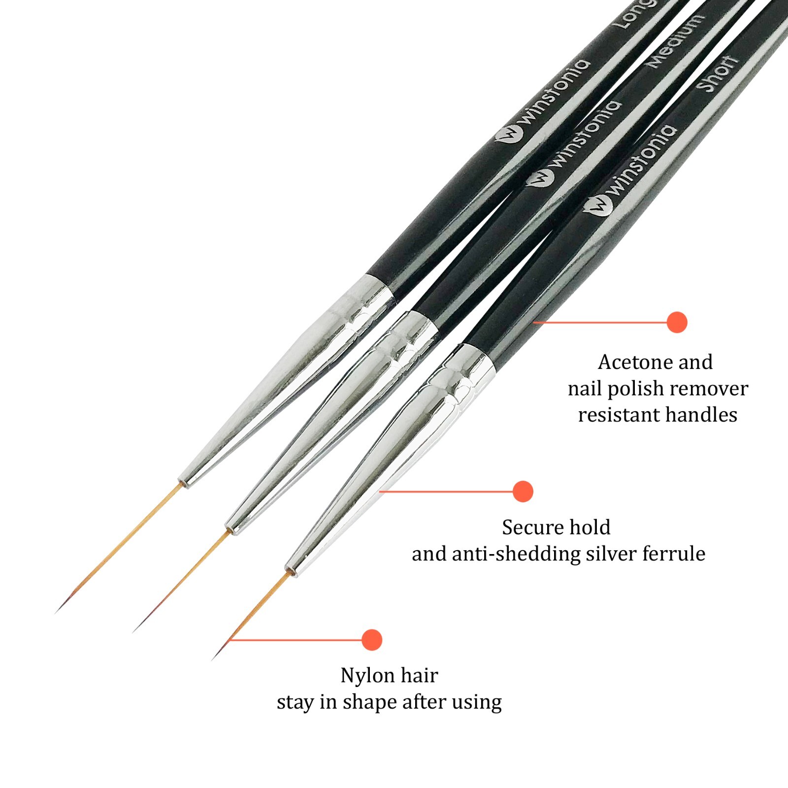 Winstonia Nail Brushes Set 3pc Long Striping Brush Acrylic Striper Pen Manicure