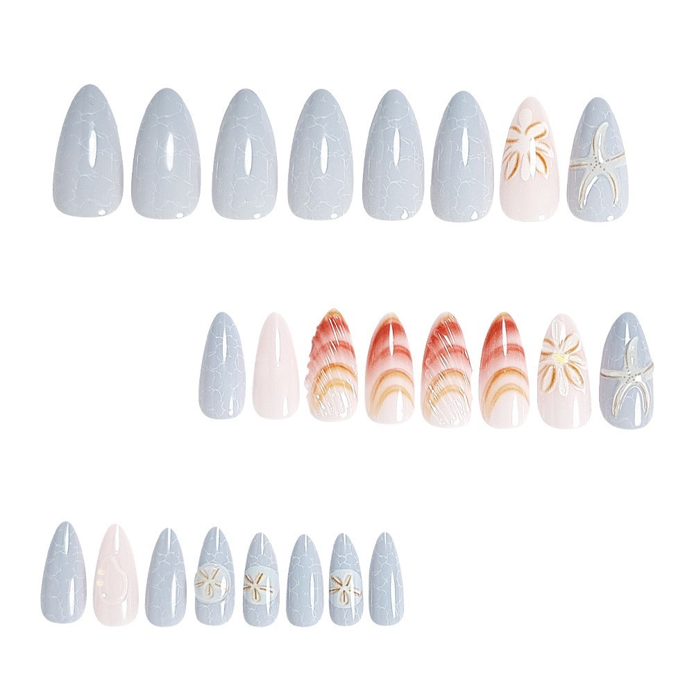 24pcs Summer Ocean Blue 3D Shell Design Press on Nails, Medium Almond