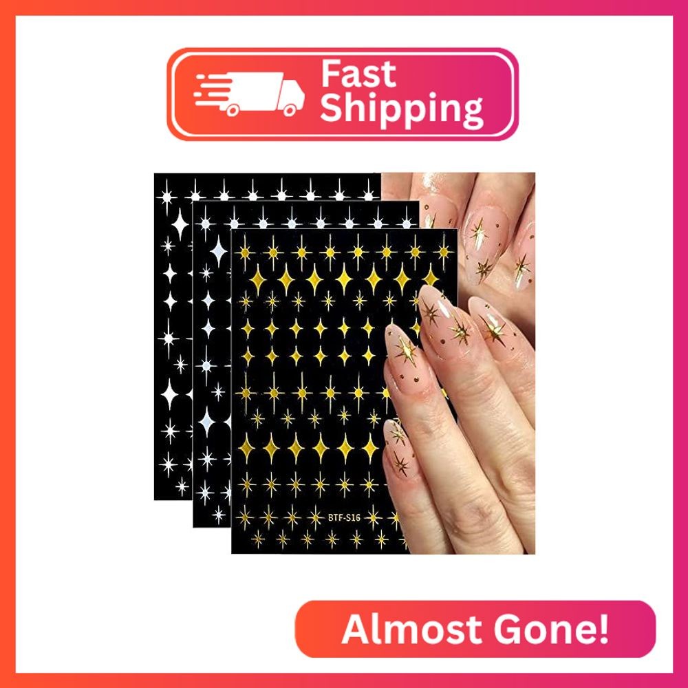 Dornail 8 Sheet Shiny Gold Stars Nail Stickers Silver 3D Four-Pointed Star Nail