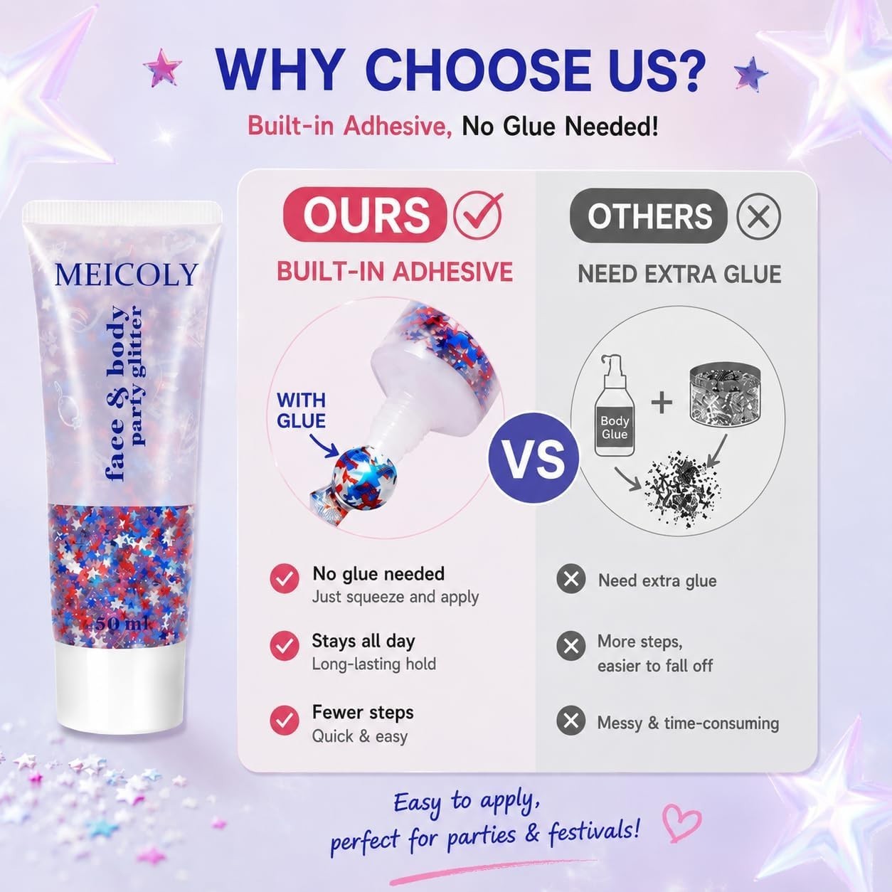 50g Star Shaped Red White and Blue Body Glitter Face Glitter Gel, Patriotic A…