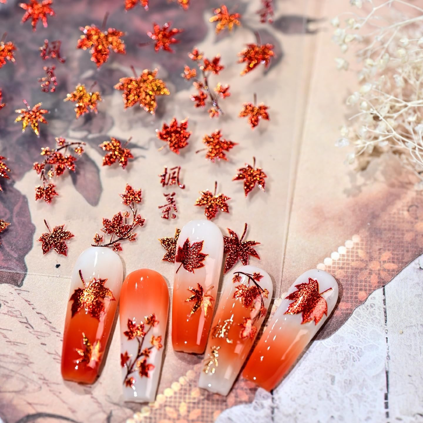 1 Sheet 5D Embossed Autumn Maple Leaves Nail Stickers for Nail Art Thanksgiving