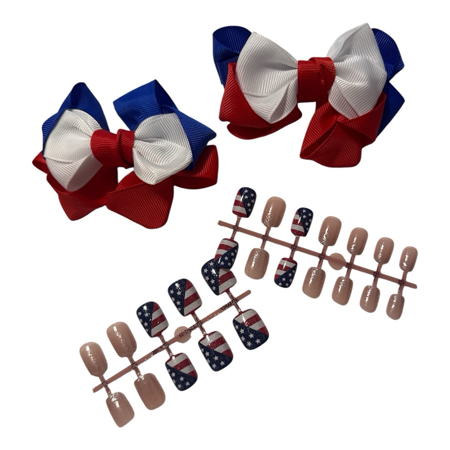 Patriotic Hair Bow & Press-On Nails Gift Set | Red White Blue Boutique Bow Pair