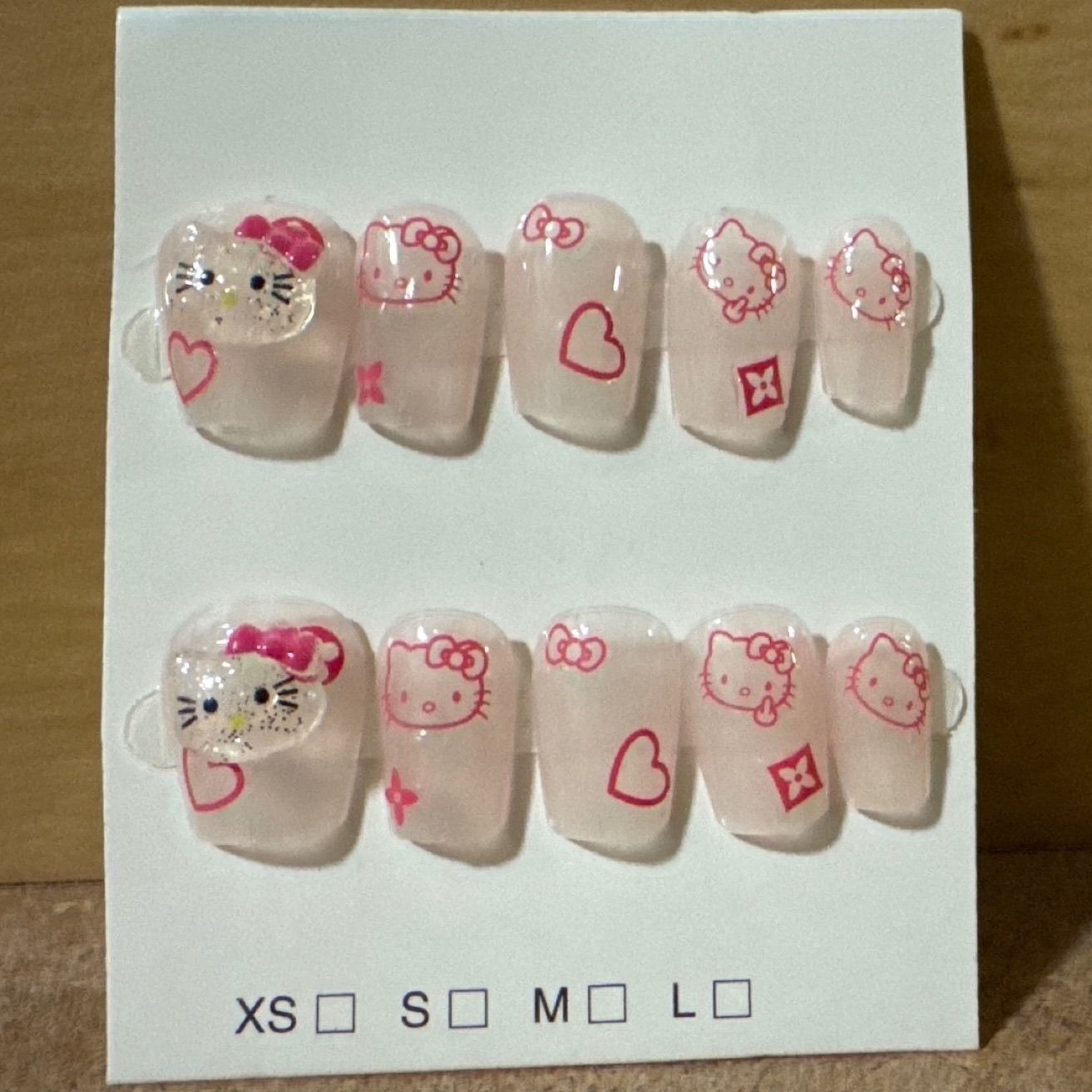 Hello Kitty Press On Nails 3D Character Art Pink Heart Square Fake Nails Set