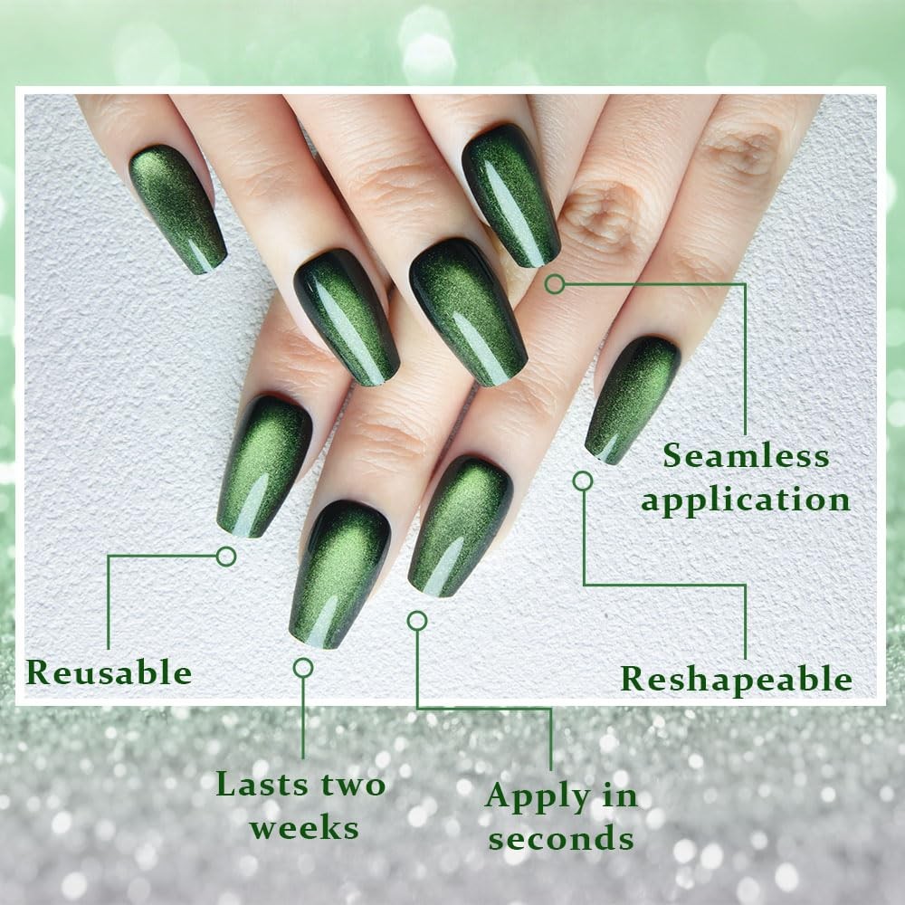Emerald Green Cat Eye Coffin Press on Nails Square Medium, Medium Square Stick o