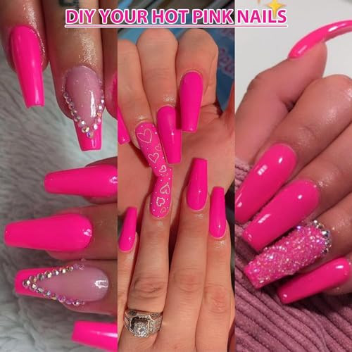 Long Medium Press On Nails Coffin Nails Press Ons Gloss, glossy hot pink