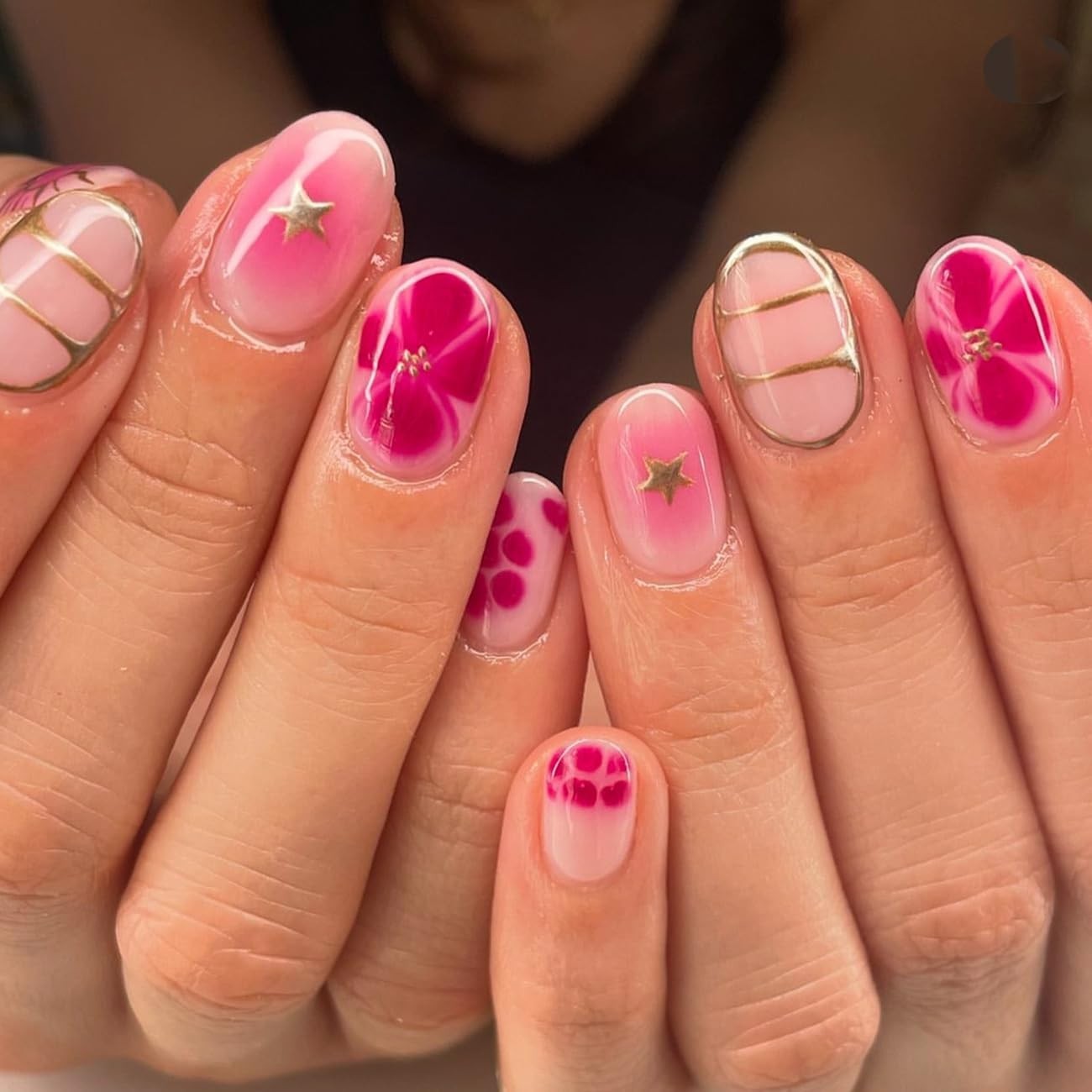 24Pcs French Press On Nails Short Oval Red Hawaii Flower Summer Stick On Nail