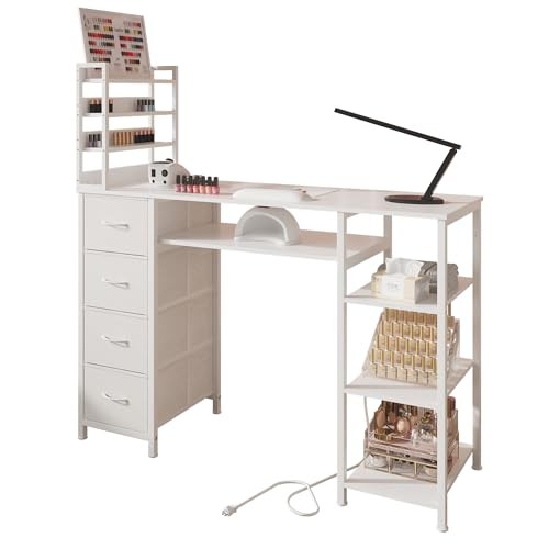 Nail Tech Desk with Power Outlet Storage White