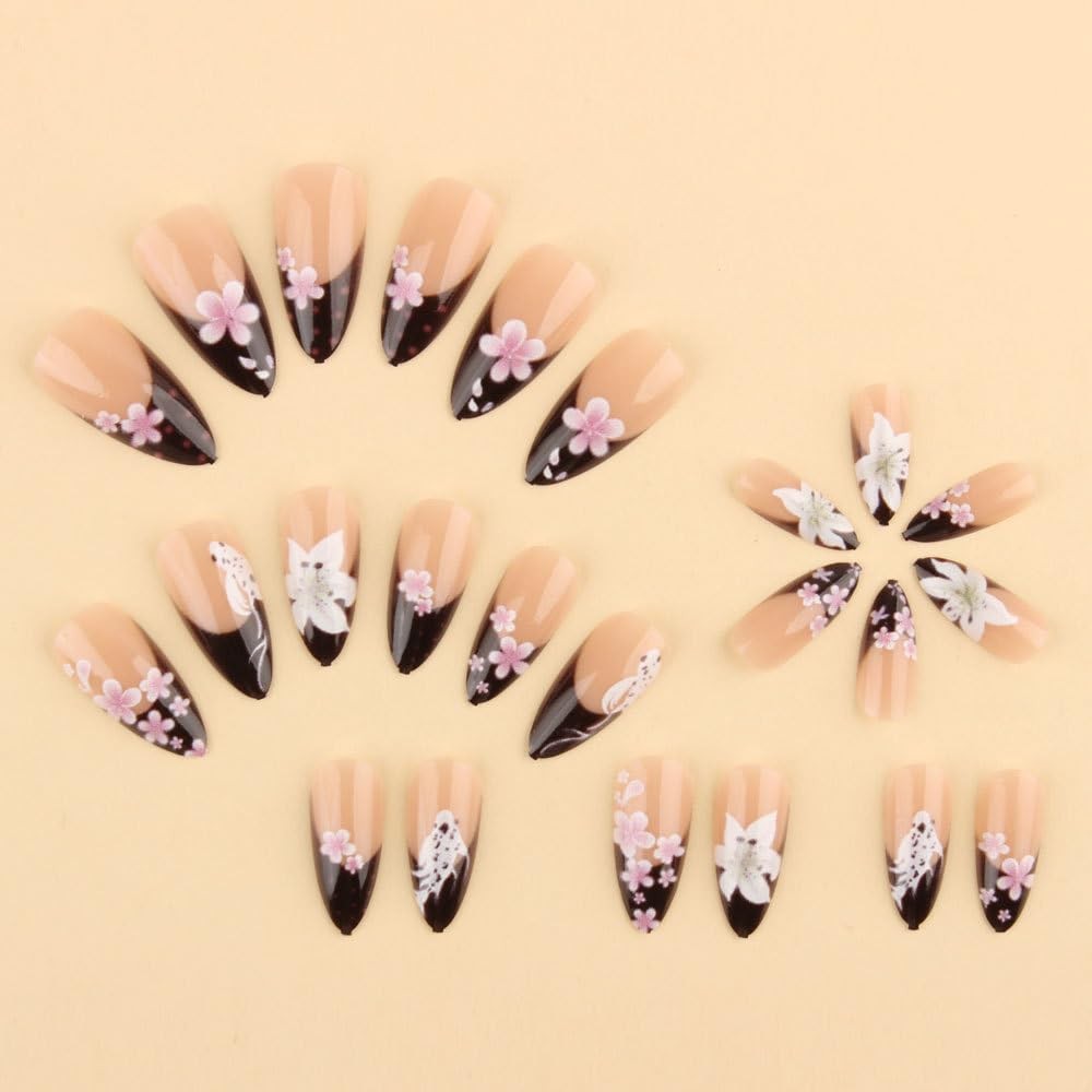 24Pcs Dark French Tip Press on Nails Medium-Length Almond Fake Nails with Lil…