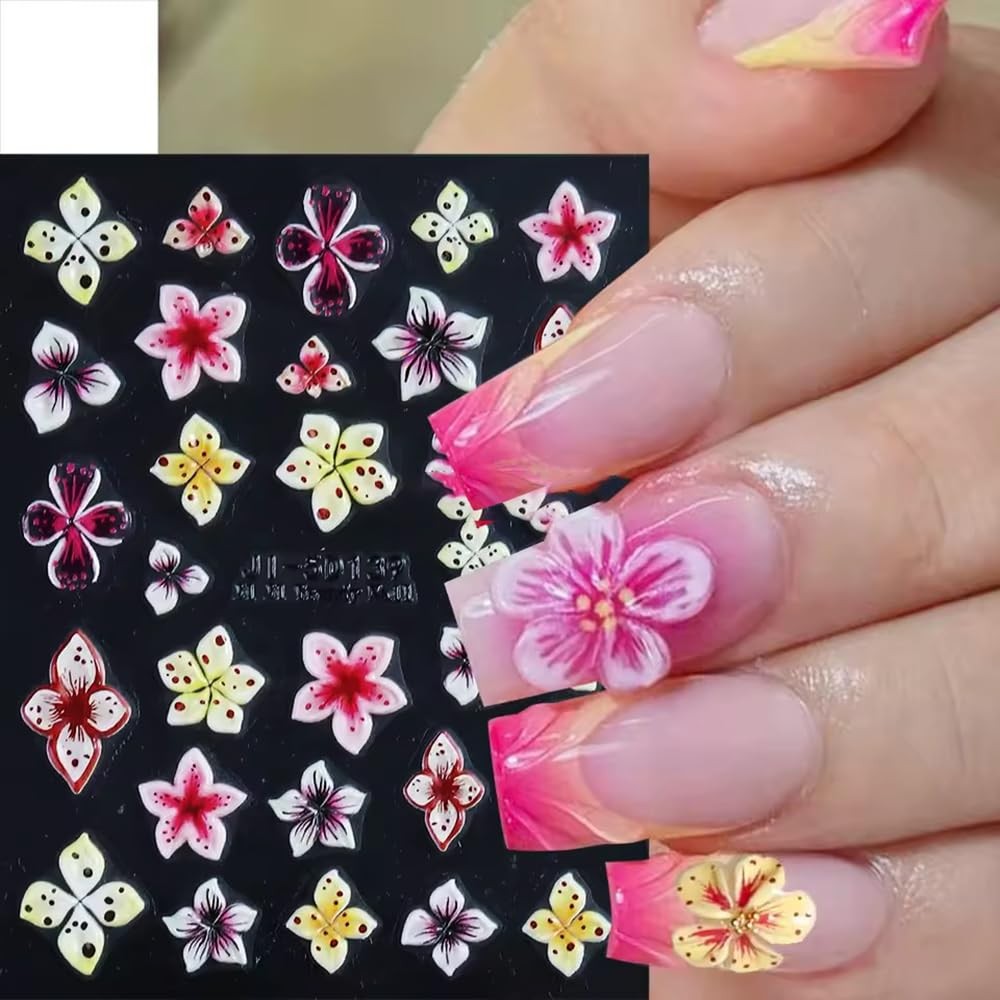 Flower Nail Stickers for Nail Art, 5D Embossed Hibiscus Nail Decals Pink White L