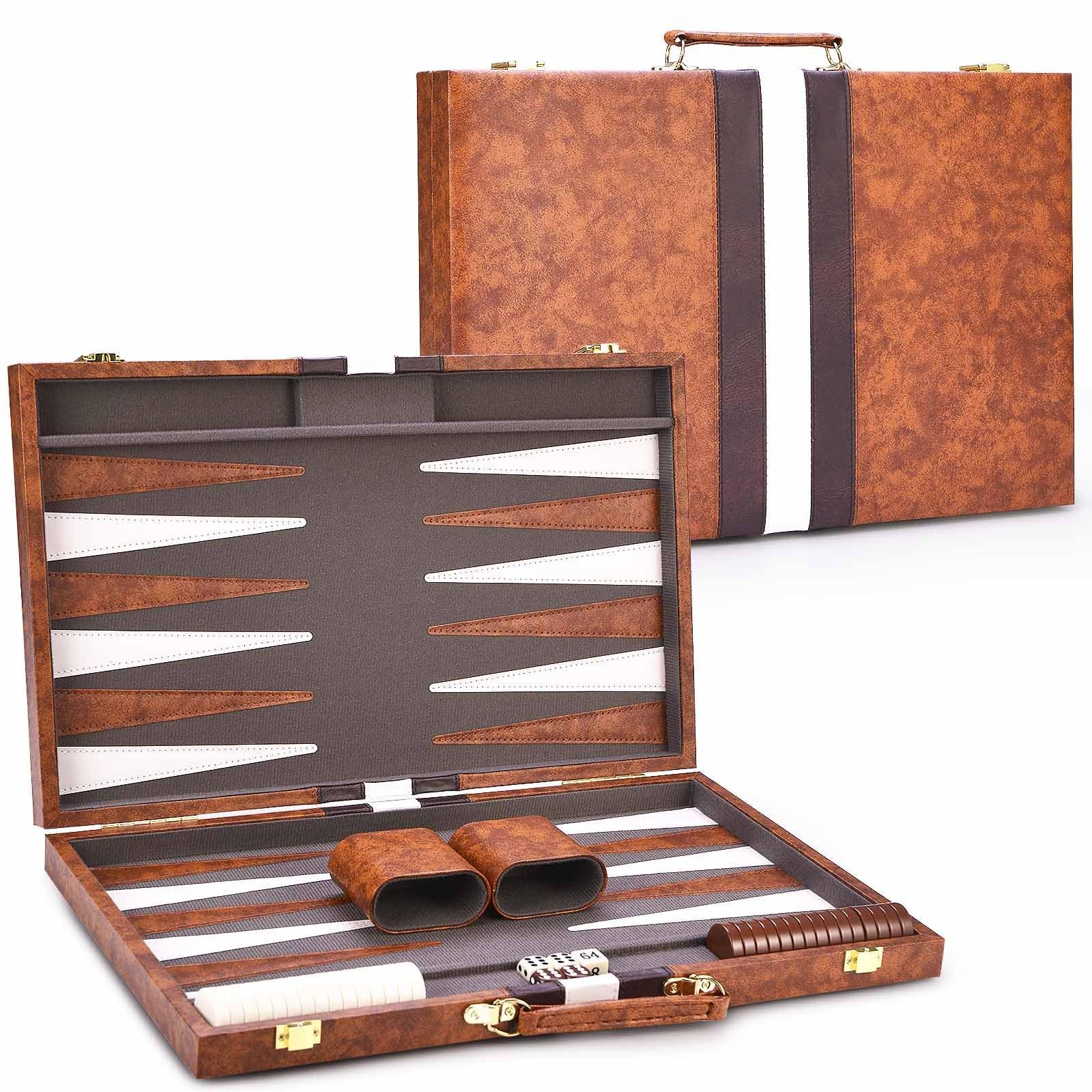 AMEROUS Backgammon Set, 18 Inches Classic Board Game withLeather Large, Brown