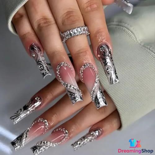 Long Press on Nails Square Fake Nails with 3D Heart Silver French Tips