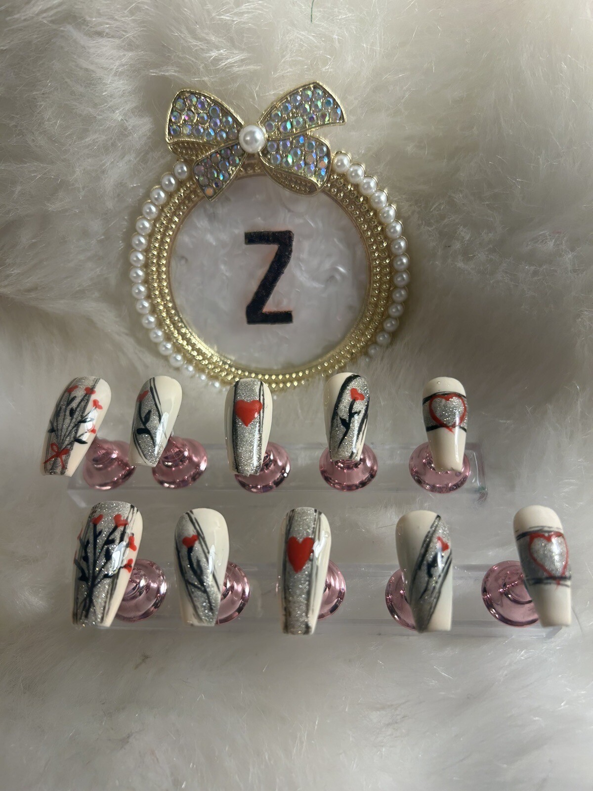 Z NAILZ! Handmade Beige M Coffin With Black/ Red Love Heart V Day Press On Nails