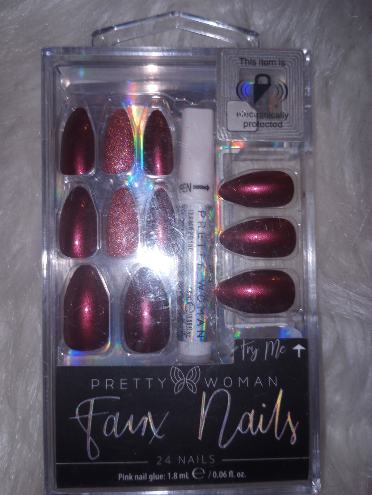 24 Nails Burgundy Press on Faux Fake False Fingernail Pretty Woman Glue Glitter