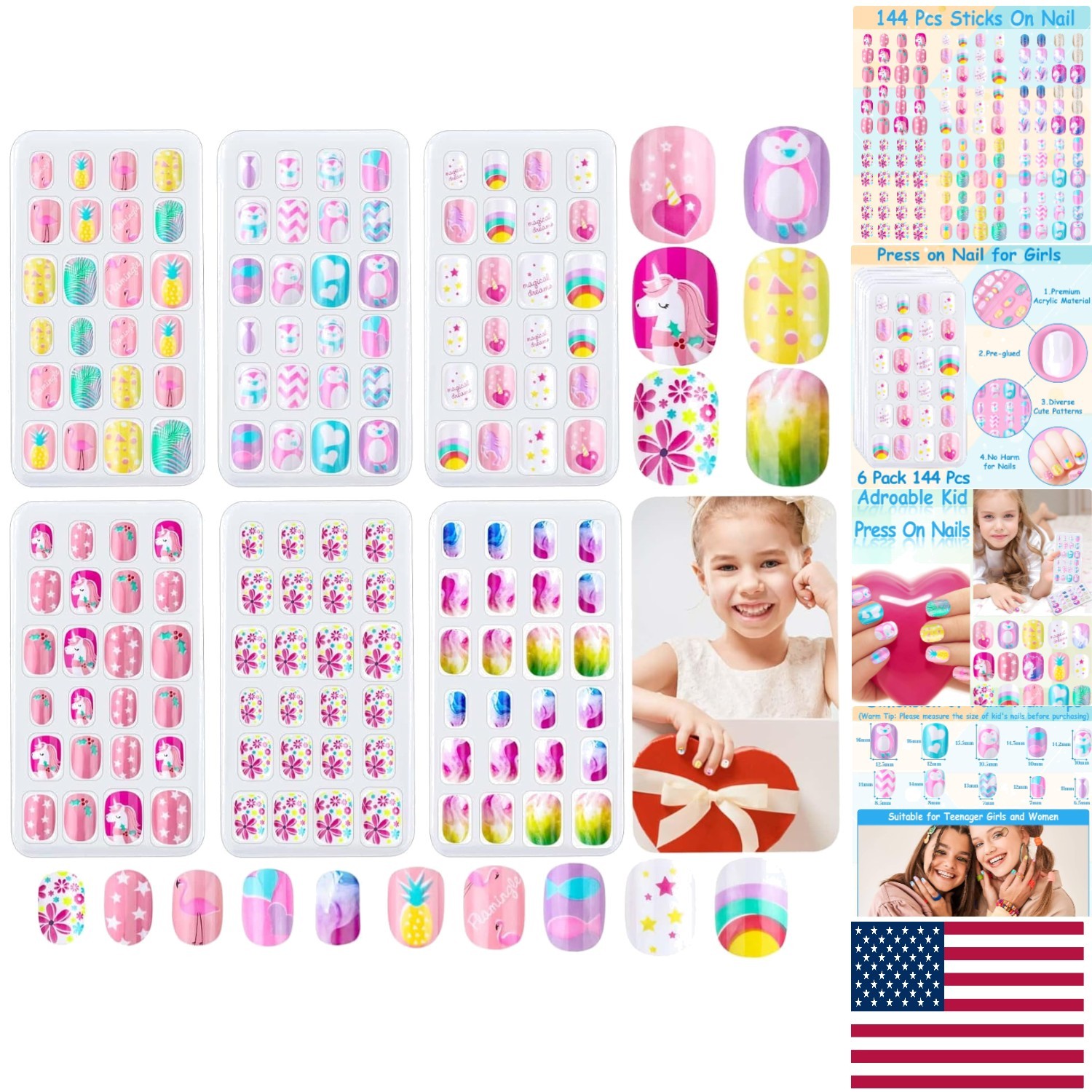 Girls’ 144 Piece Press On Nails Set – Easy, Cute Rainbow Nail Art for Ages 7-12