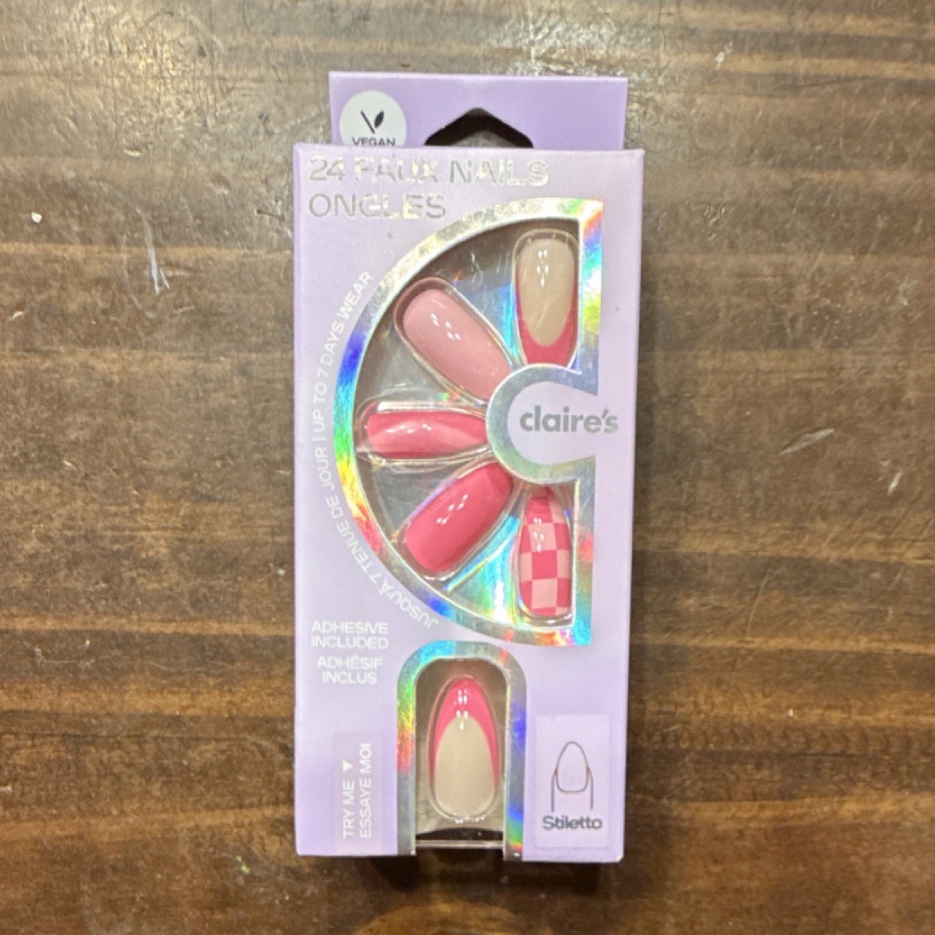 Claire’s Stiletto Pink Beige Red Shiny Vegan Press-On Nails Set with Glue