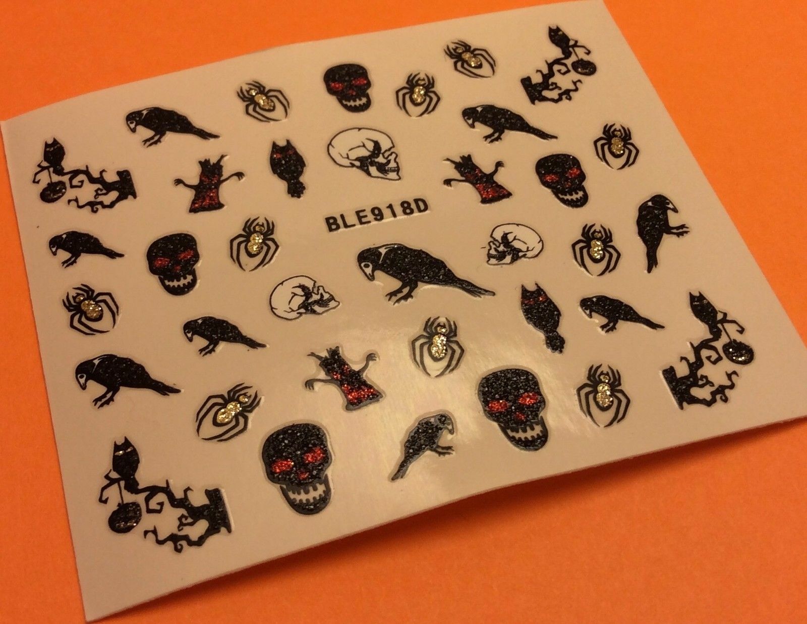 Nail Art 3D Glitter Decal Stickers Halloween Skull Crow Spider Owl BLE918D