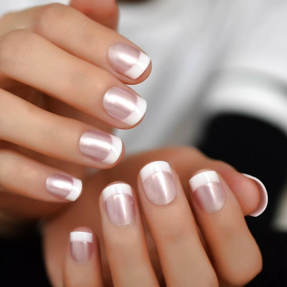 24 Short French Mani Press on nails glue on white tip Pearl Pink kit