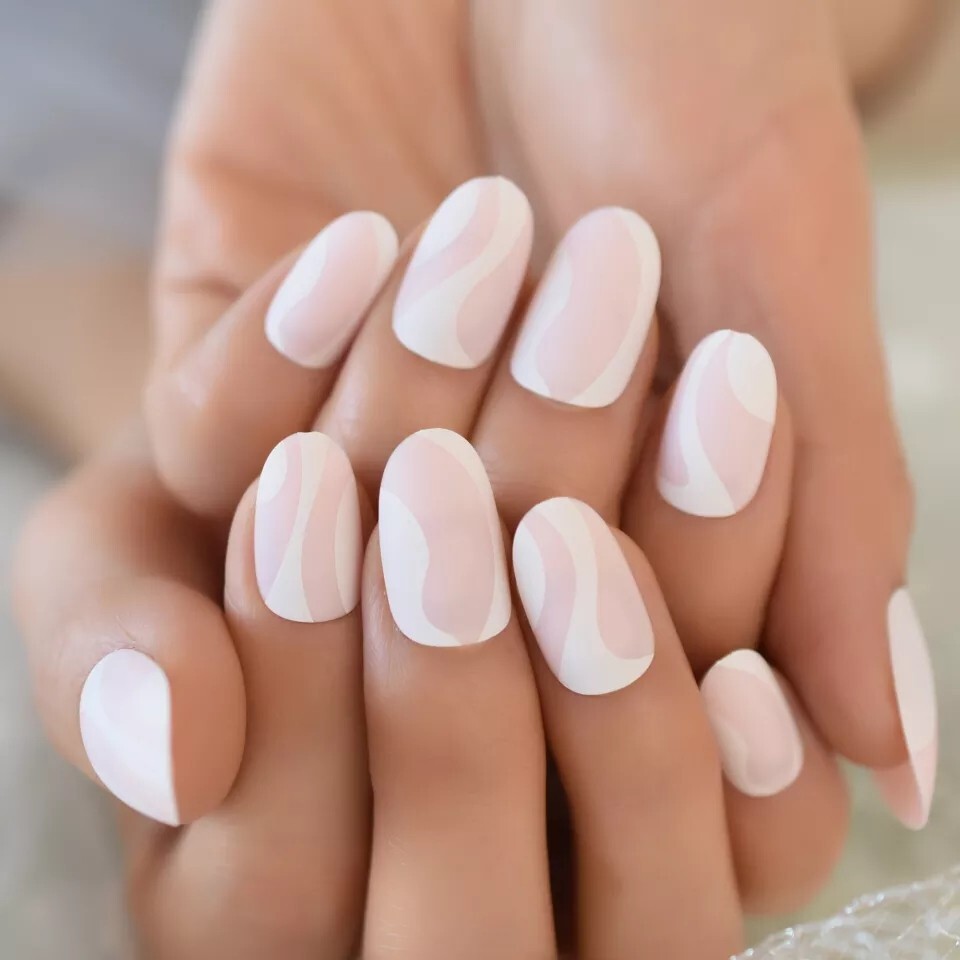 24 Matte White pink swirl Press on nails set with glue short medium Nude natural