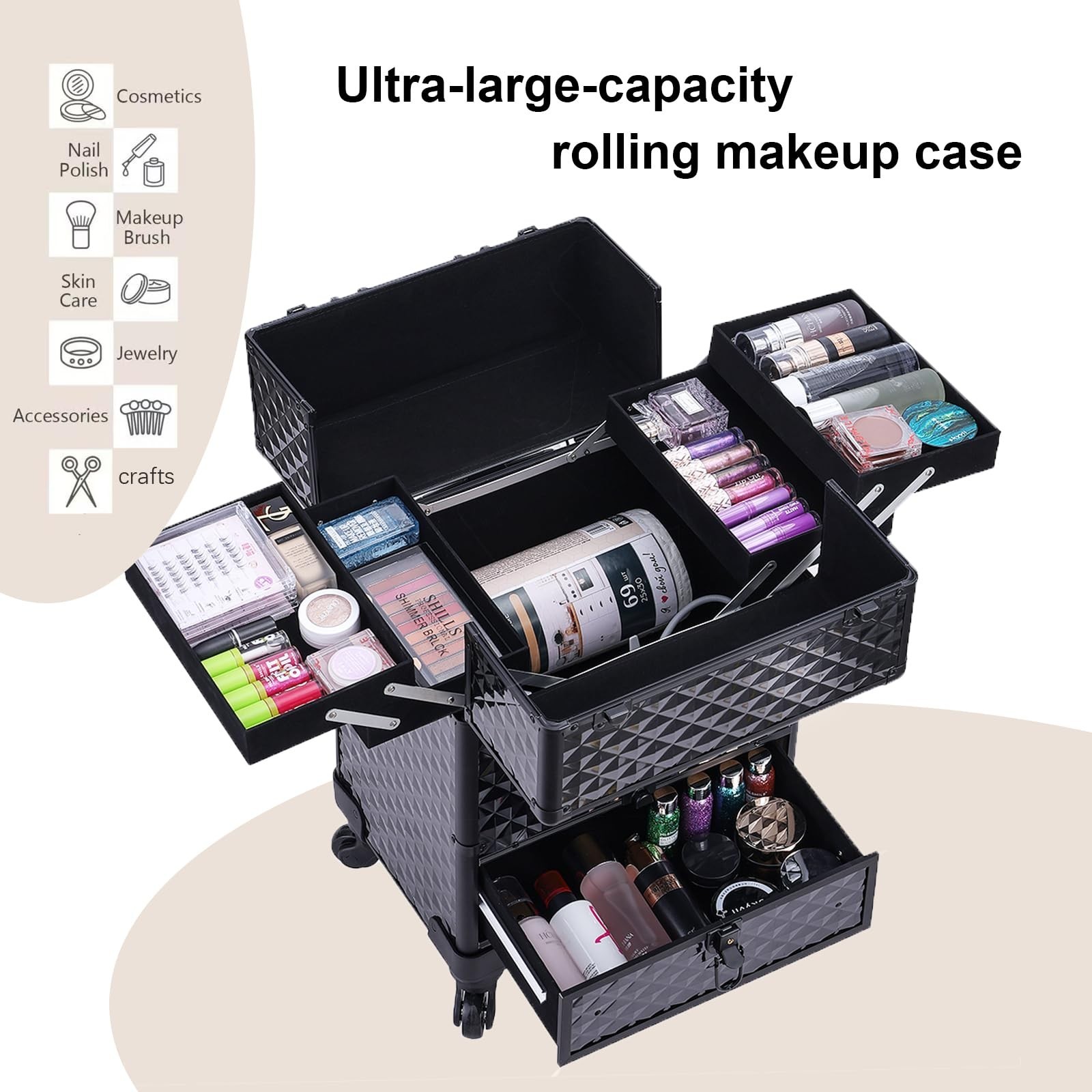 TOPACK Rolling Makeup Train Case,360°Rotaing Wheel Aluminum Cosmetic Case w