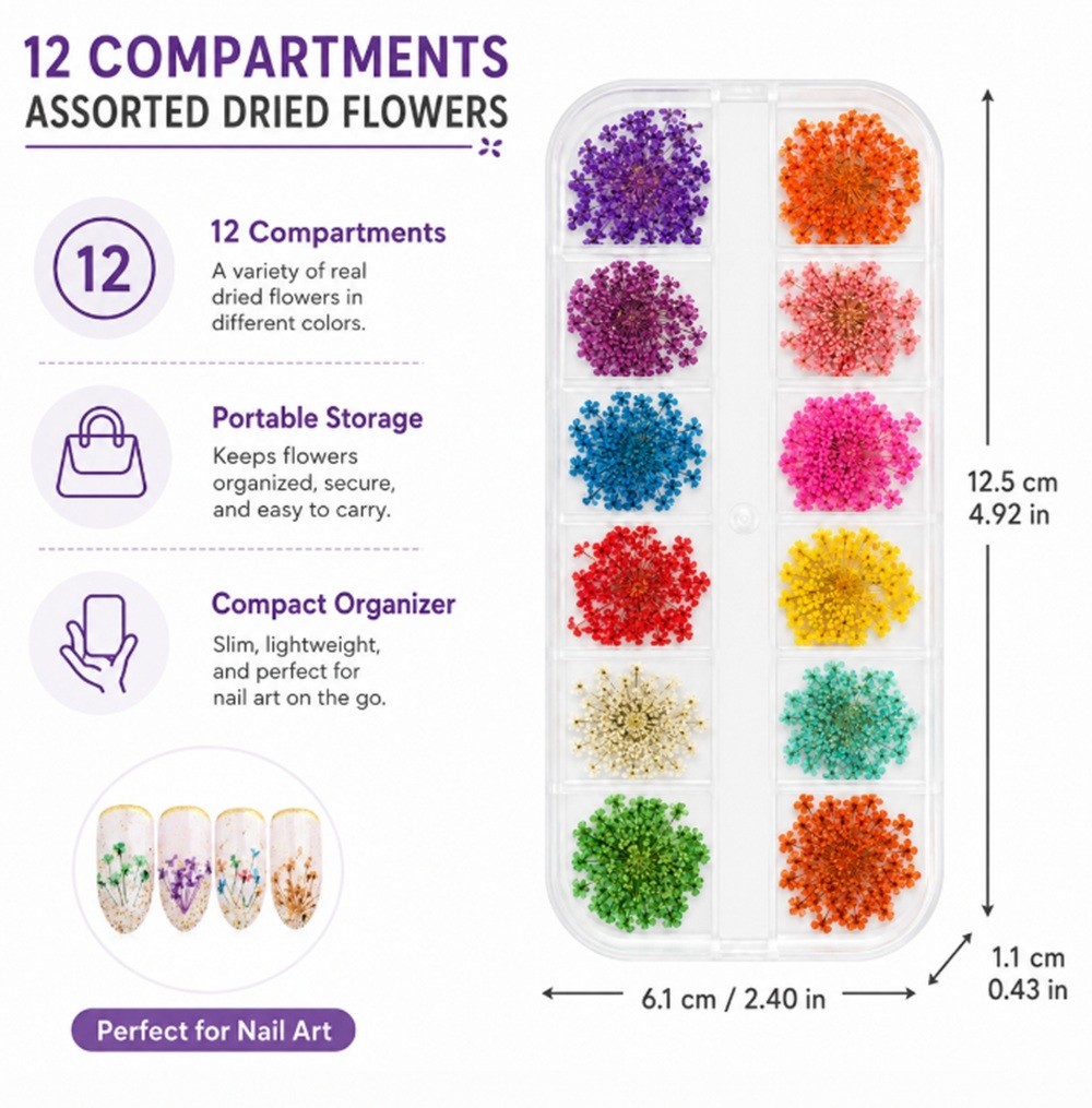 12-Color Real Dried Flowers Nail Art Set – 3D Decors DIY Manicure Tips Box