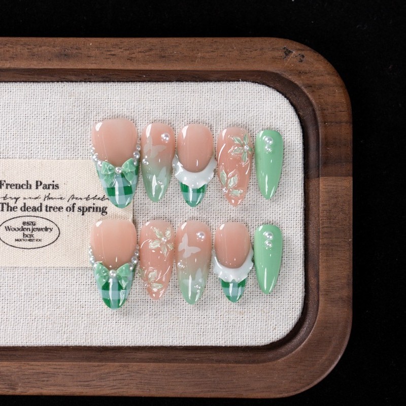 10pcs Green Almond Nails 3D Plaid Tip Flower Bow Pearl All Season