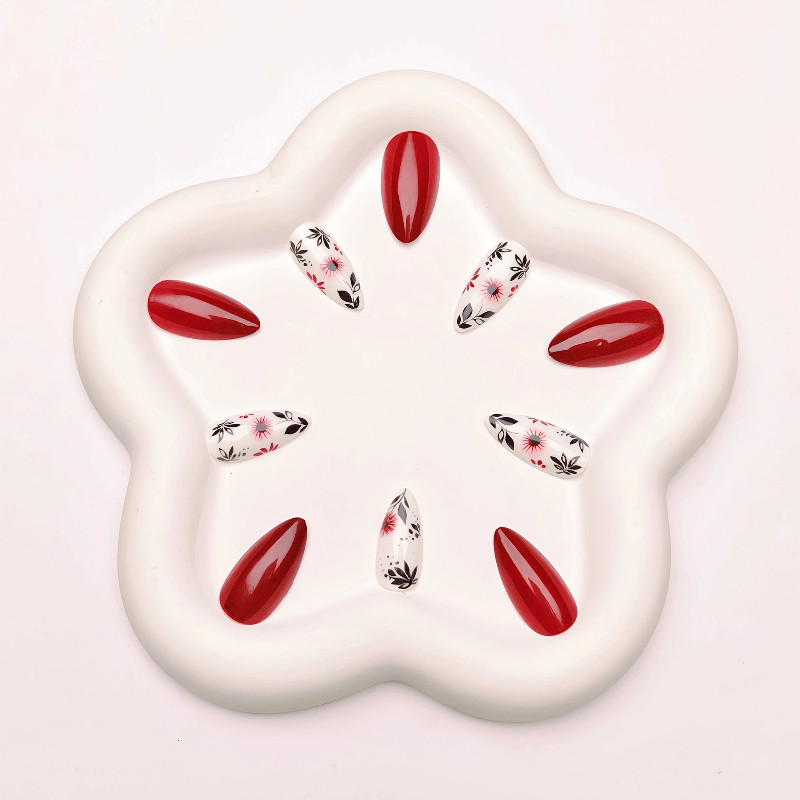 48Pcs Almond Burgundy Floral Hand Painted Press on Nails Vintage Party Wear