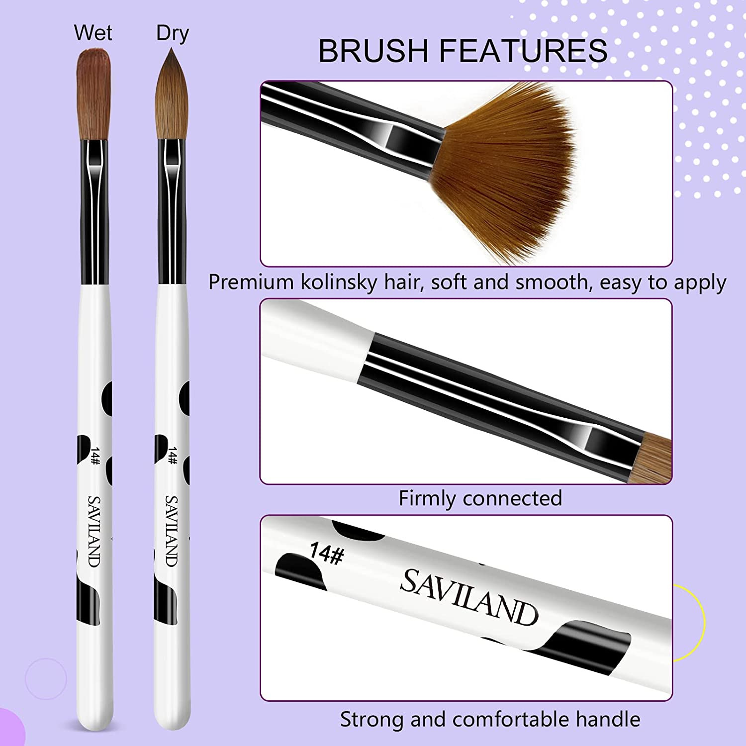 3Pcs Acrylic Nail Brush Set, Size 8/10/14 Kolinsky Acrylic Nail Brushes for Acry