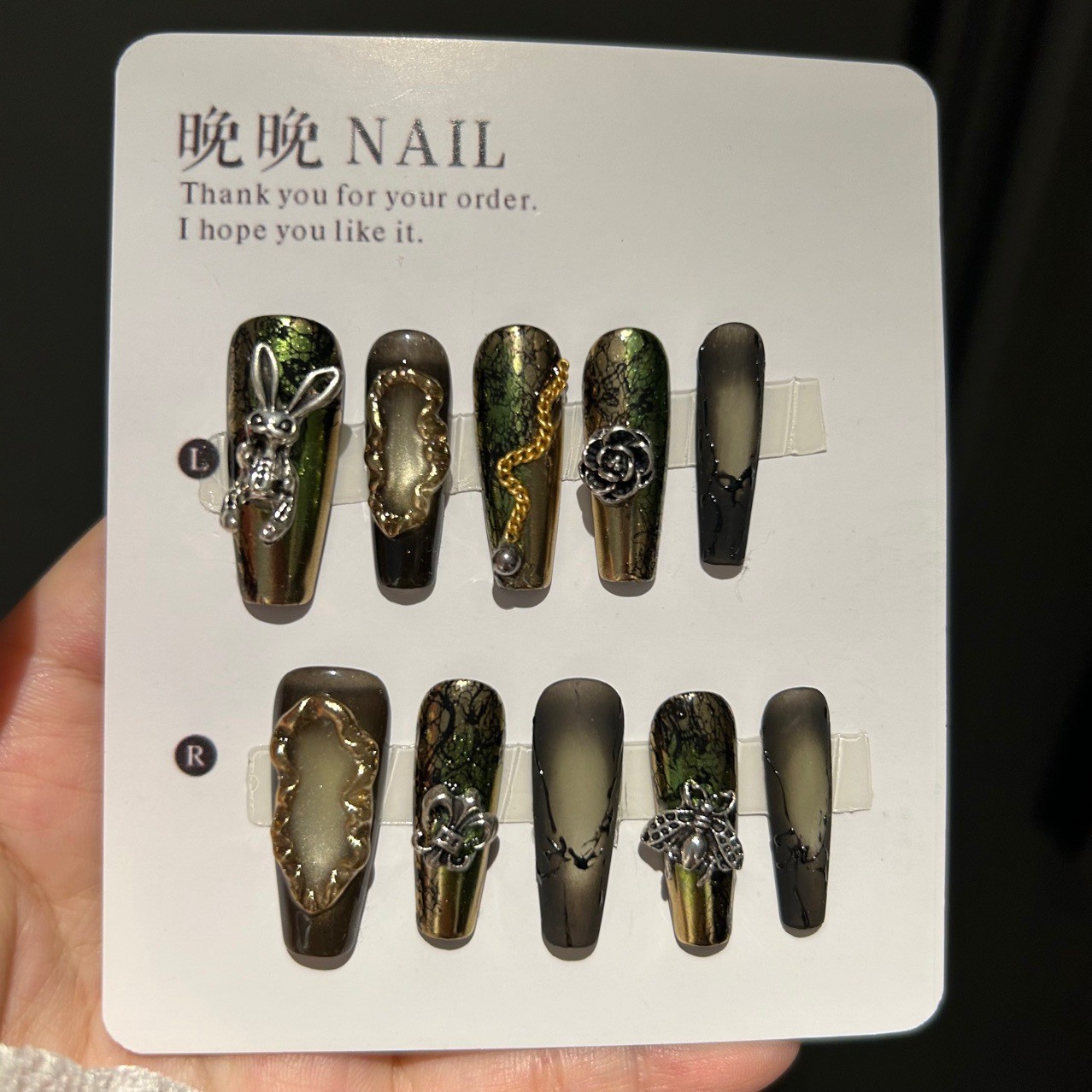 Gothic Dark Spice Handmade Black Press On Nails Cat Eye Metal Design