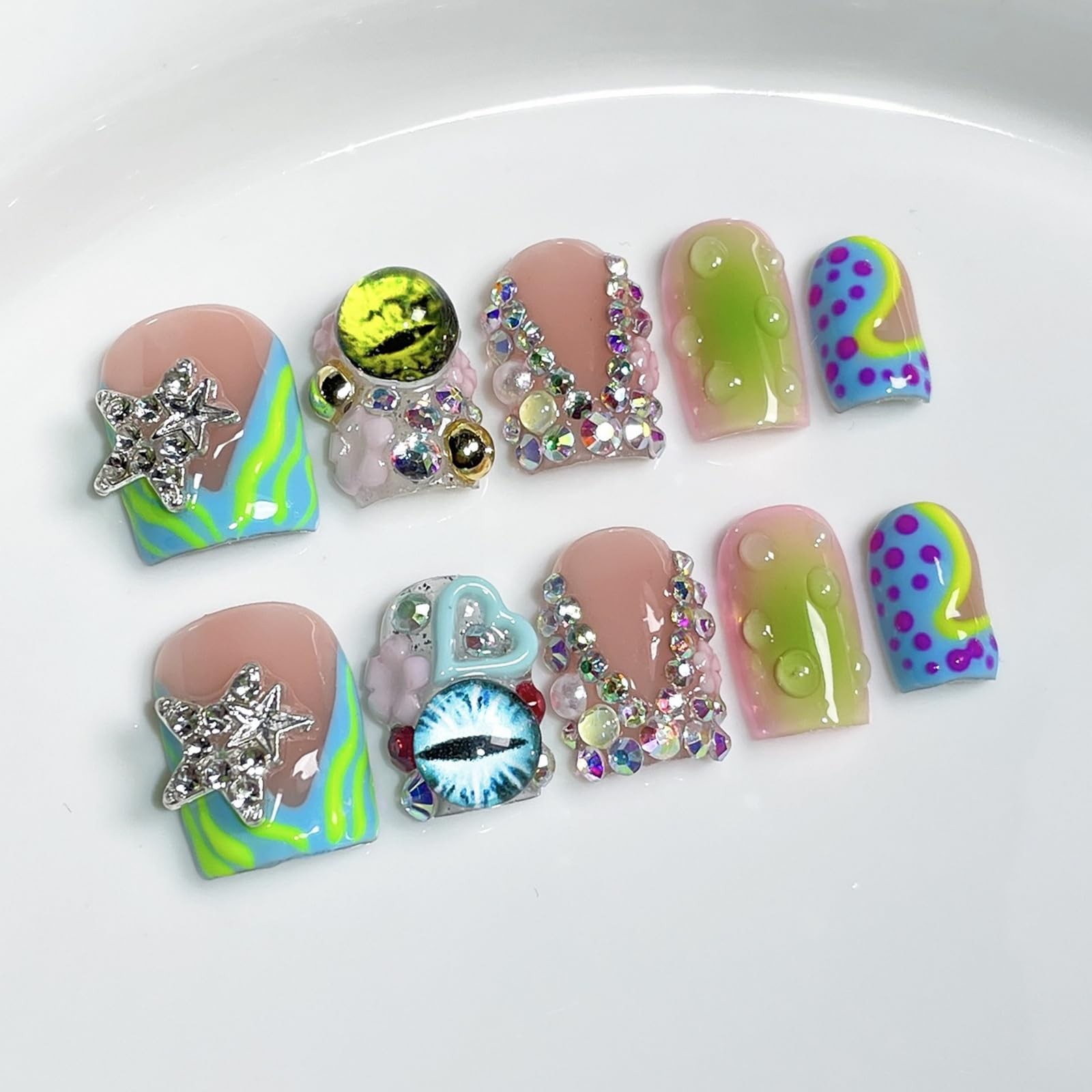 BRKYKGK Handmade Press On Nails Short Square 3D French Tip Thick Acrylic Fake