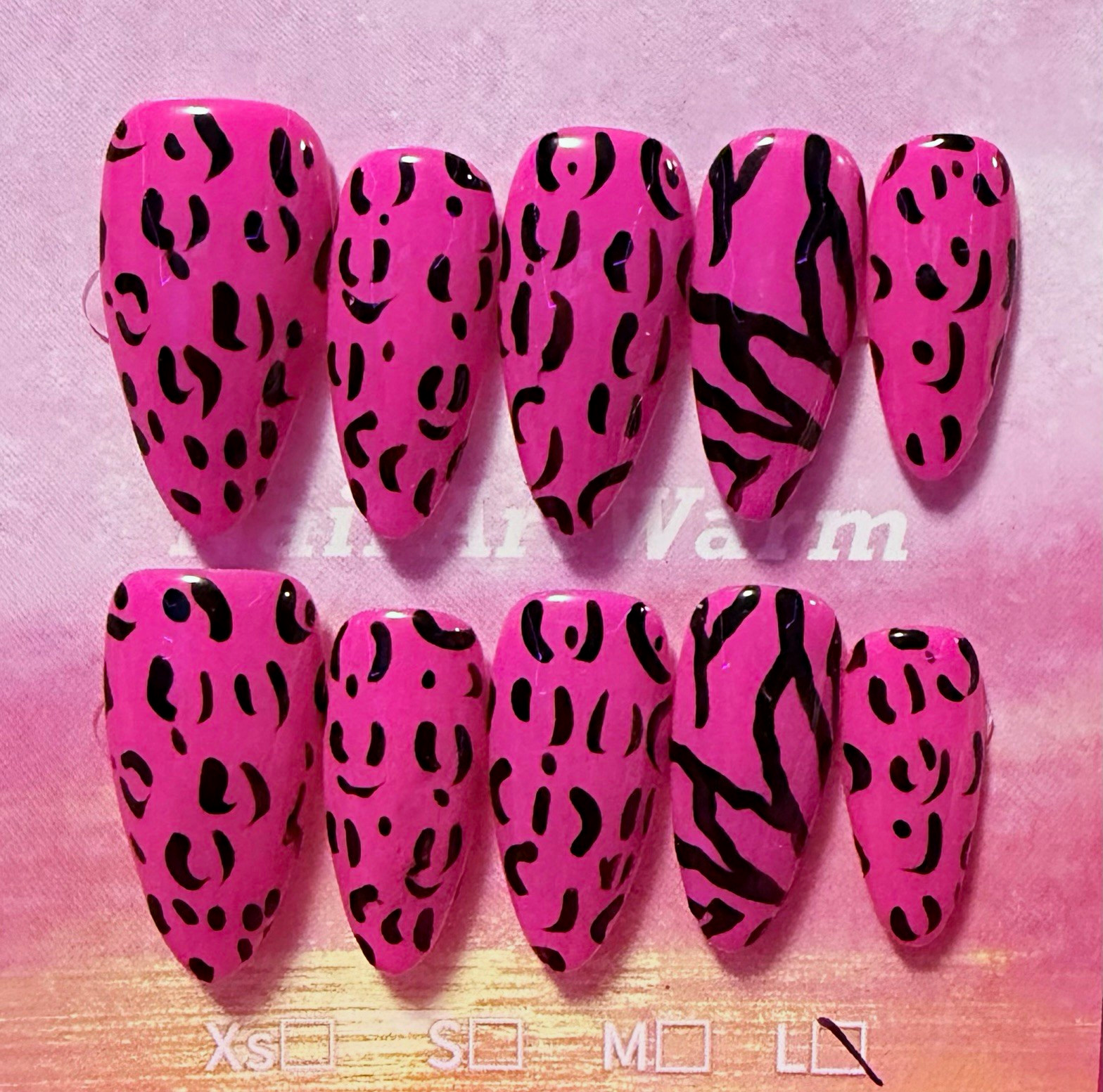 Pink/Black Animal Print Almond Press-On Nails, Medium, Glossy Full Cover Acrylic