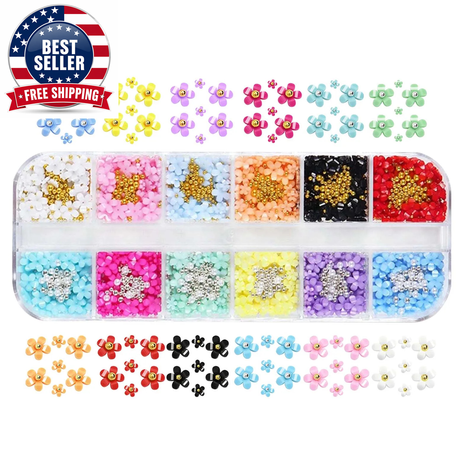 12 Grids/Box Nail Art Rhinestones 3D Color Resin Cute Flowers with Caviar Decora