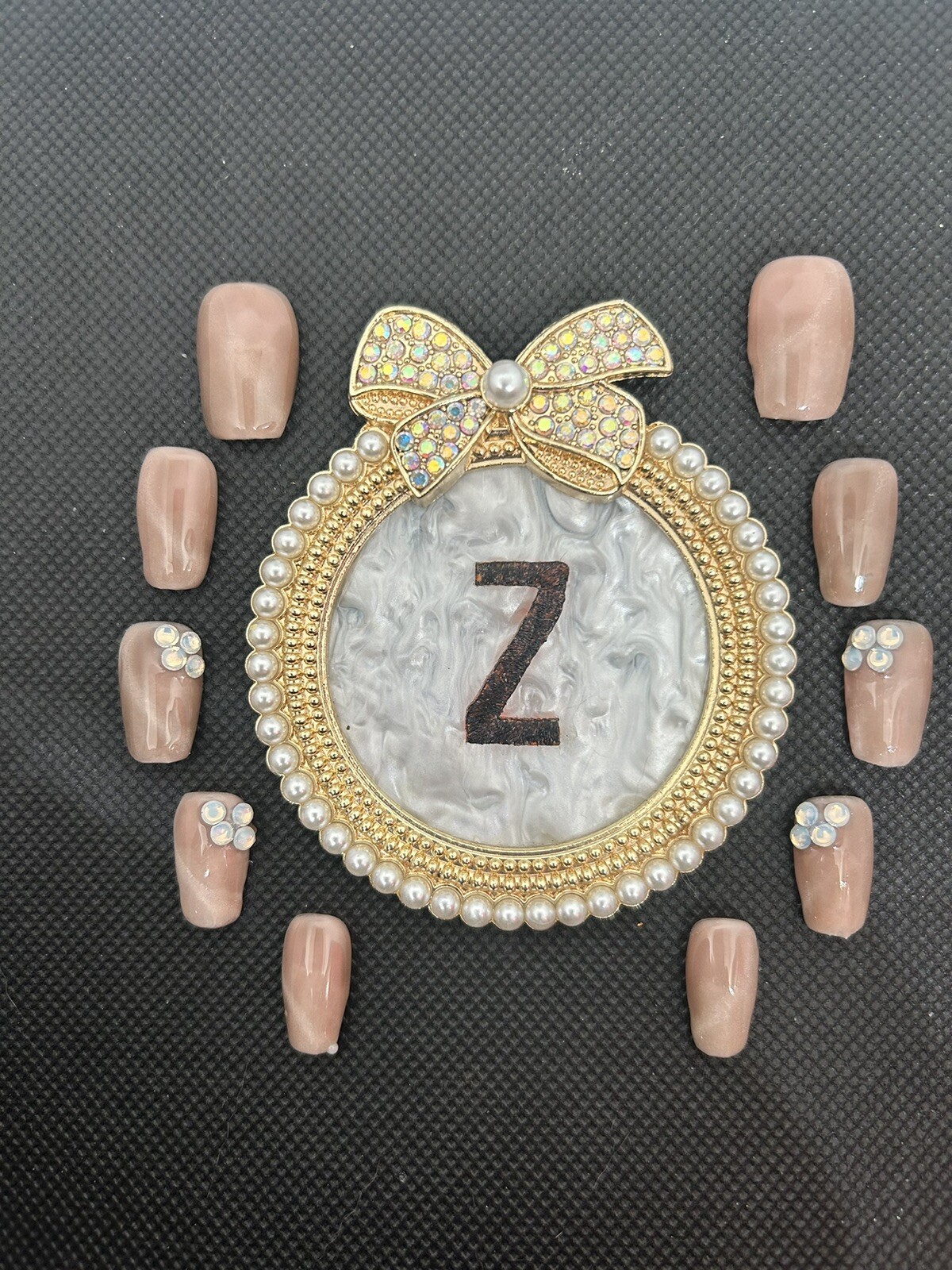 Z NAILZ! Gorgeous Handmade Silver Cat Eye On Milky Beige W/Stones Press On Nails