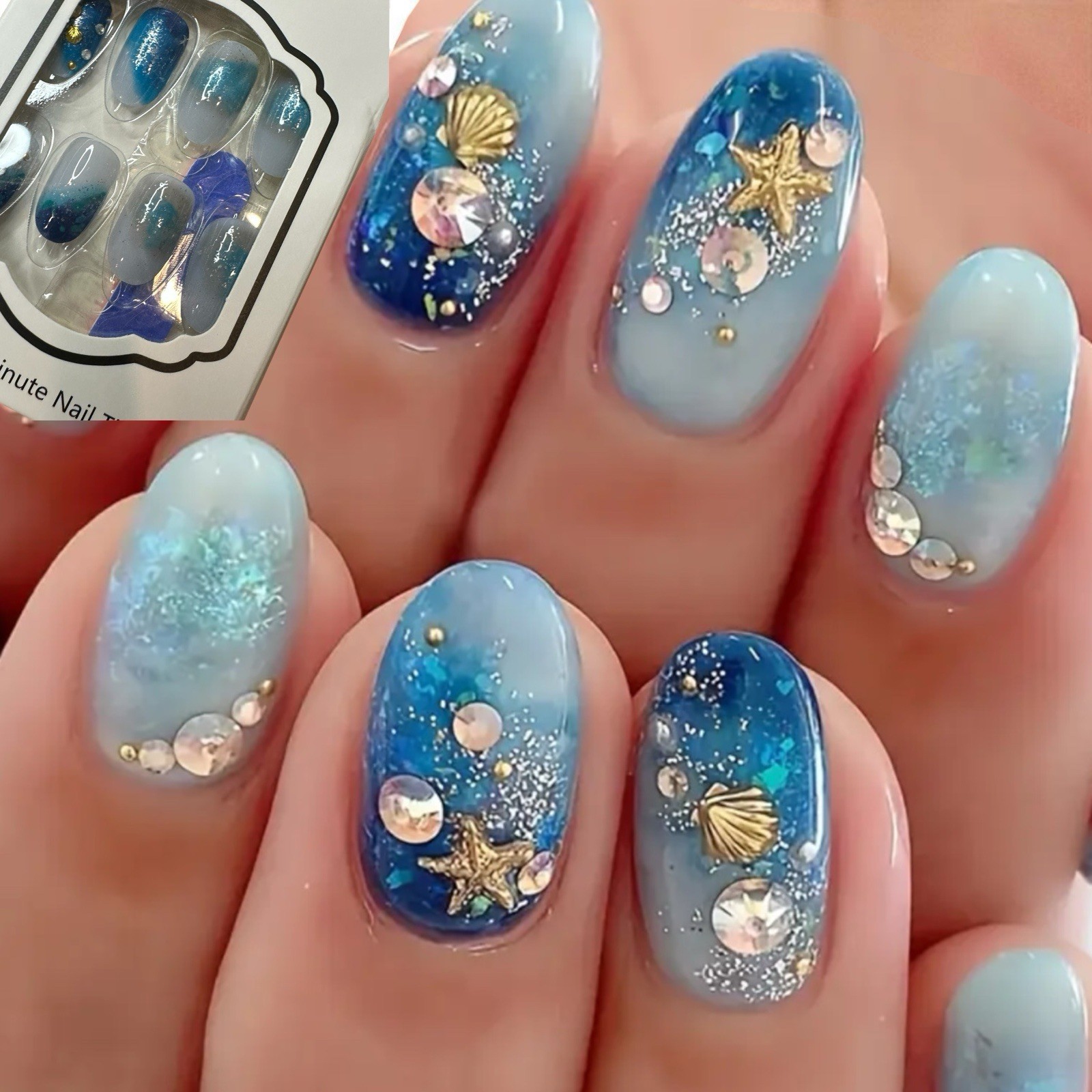 Fake Nails 3D Blue Press On 24 Pack Kit Shell Ocean Gradient Medium Oval New