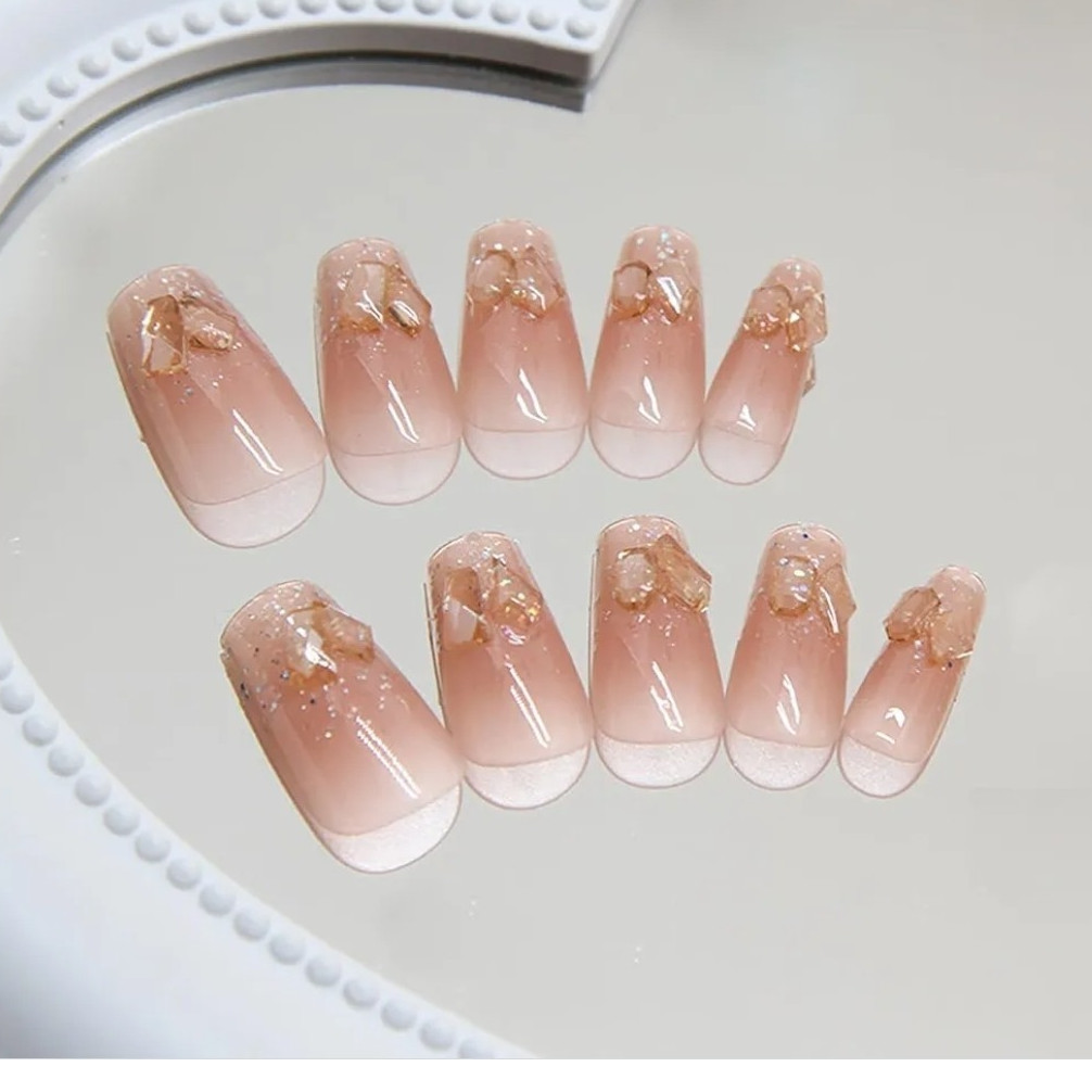 Medium Square Beige Gold Glitter 3D Press-On Nails Set Ombre Full Cover Acrylic