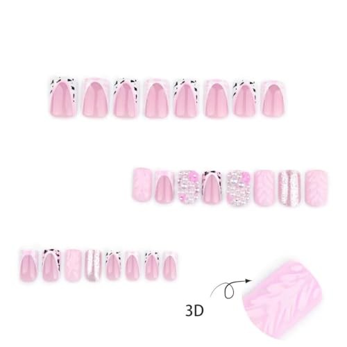 Pink Press on Nails Square Fake Nails 3D Short False Nails 3D Normal Style34