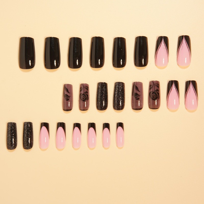 48Pcs-Black Rose Purple Press on Nails Coffin Nail Art Set Reusable Handmade