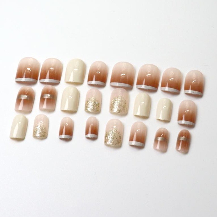 48 Pcs Nude White Glitter Press on Nails, Short Square Minimalist Fake Nails