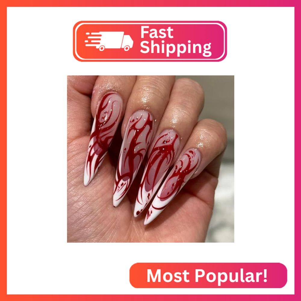 Horror Gothic Press on Nails Long Pointed Halloween Fake Nails French Tip False