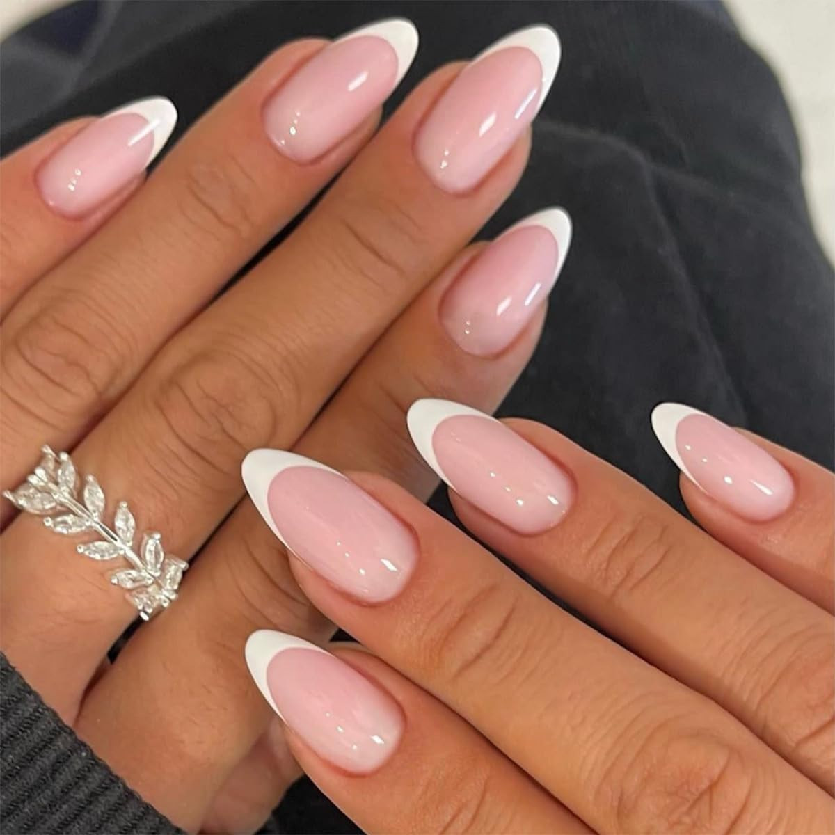 Nude Press on Nails Short Almond Fake Nails Glossy Ombre Press Ons with Designs