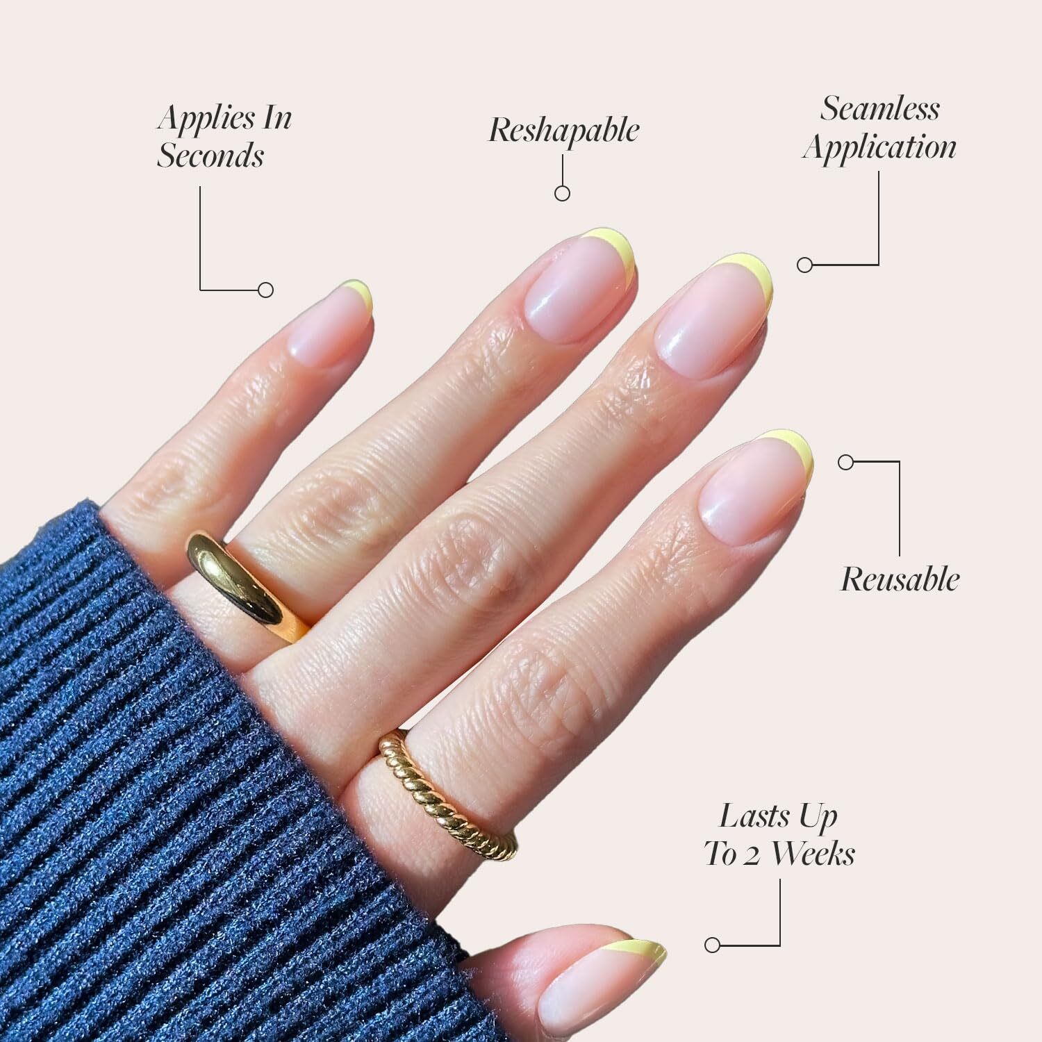 Press On Nails French Butter Short Round Yellow French Tips Glossy Finish 30 Kit