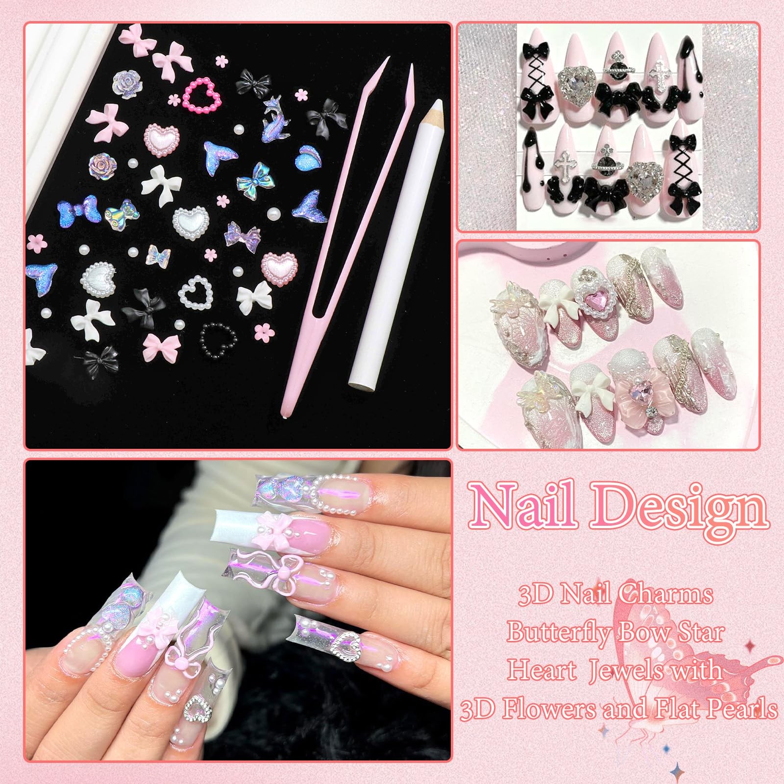 BELICEY 600Pcs 3D Nail Charms and Flatback Pearls Bows Flowers Hearts