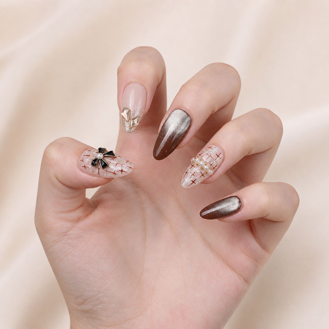 Medium Almond Press On Nails Nude Brown Plaid Bow Pearl Glitter Party Nail Set