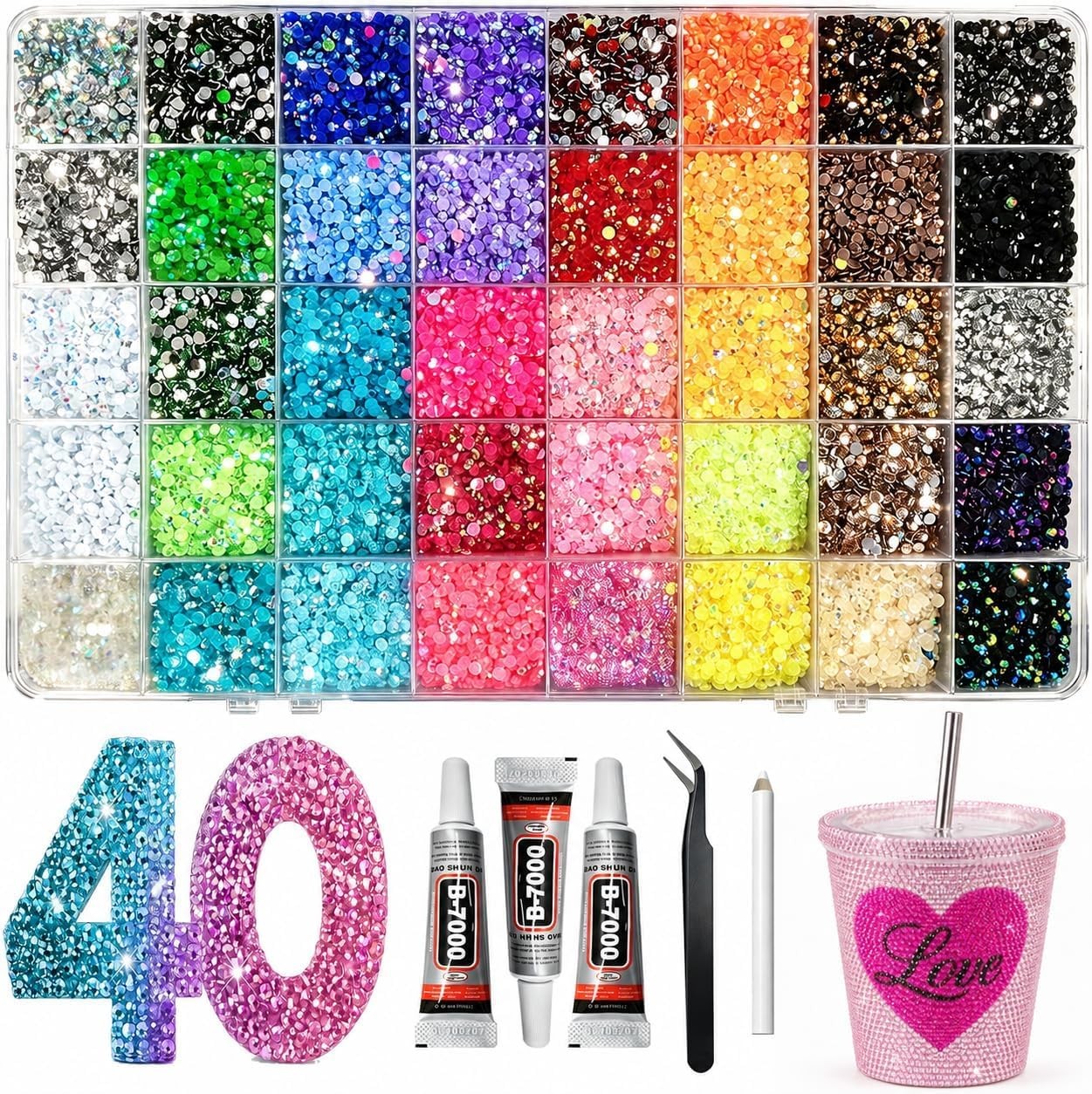 40000Pcs Bedazzling Kit, 40 Mix Colors Rhinestones Gems for Bedazzled Kits, A