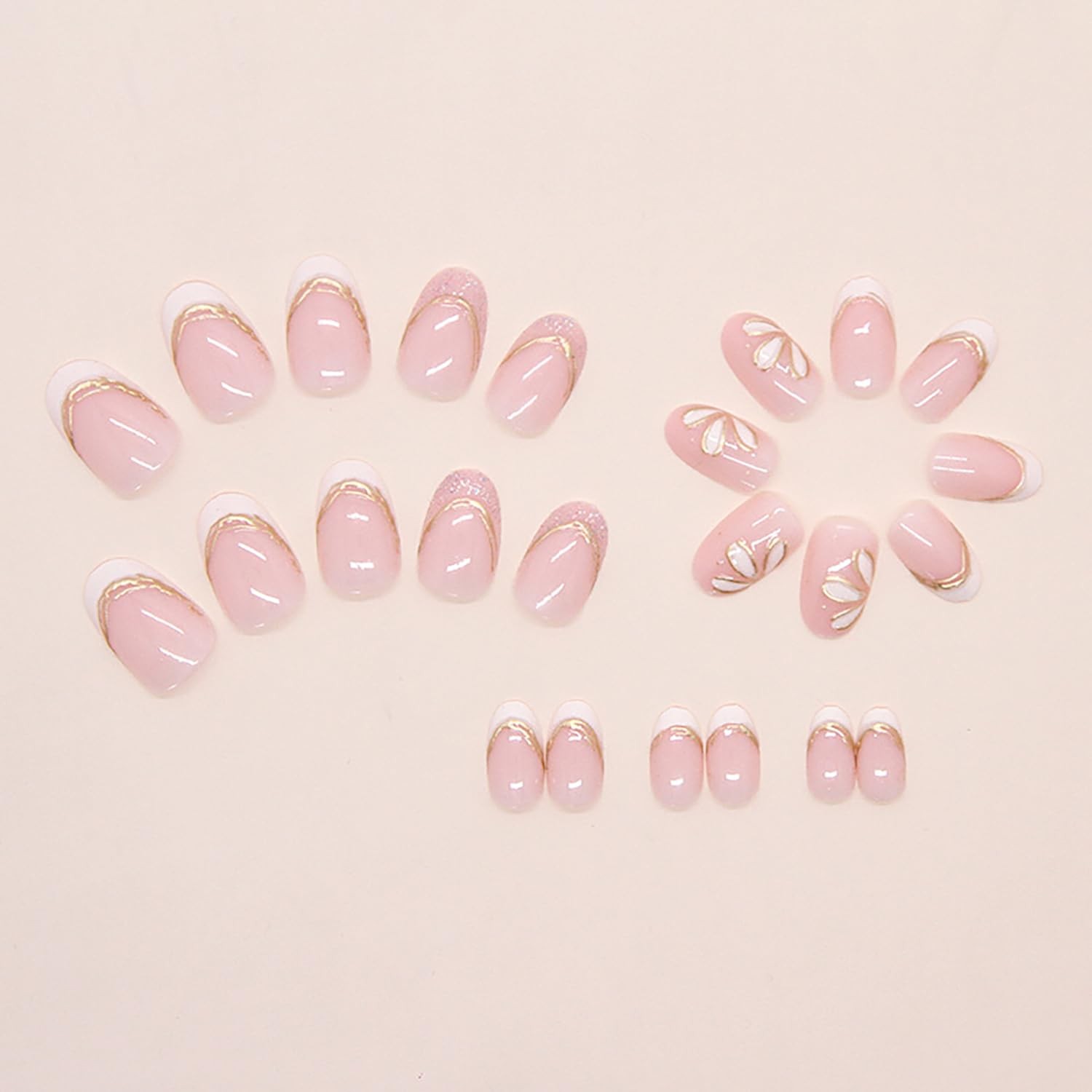 24Pcs Almond Press on Nails French Tip Fake Nails Flower Glue on Nails Medium…
