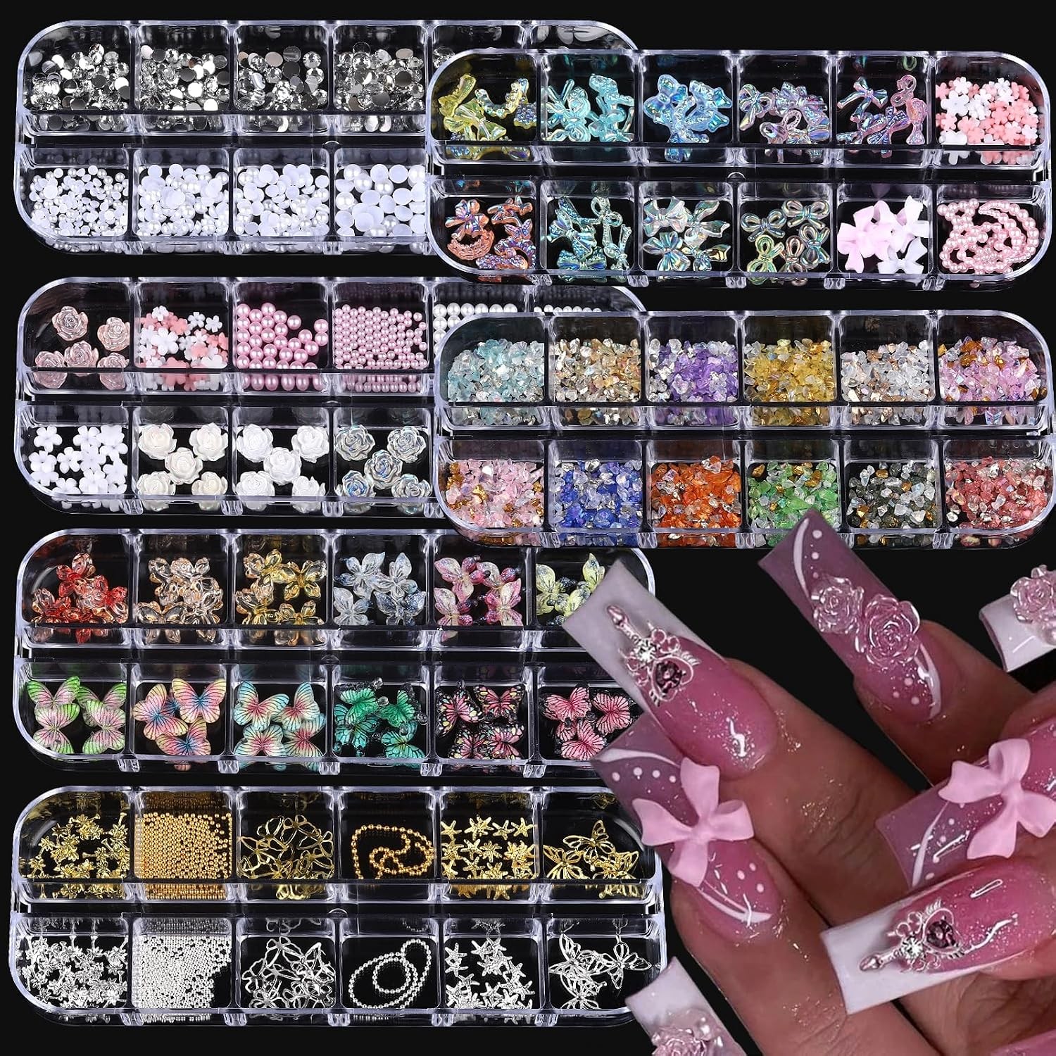 ROFIBUT 6 Boxes 3D Nail Charms: Butterfly, Flower, Pearl & Crystal Art