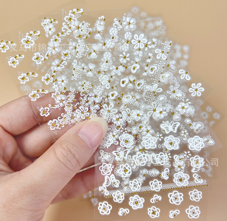 10sheets White Lace Daisy Flower Gold Rhinestones Nail Art Stickers Decor XF